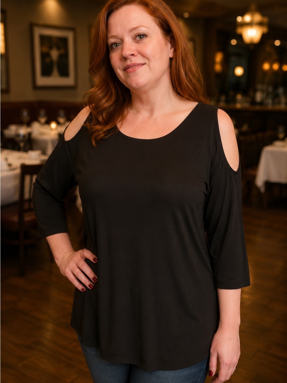 Connie Black Cold-Shoulder Long Sleeve Top